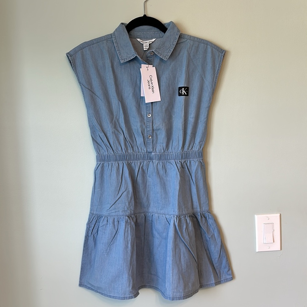 Calvin Klein Jeans Tiered Chambray Shirt Dress Girls Large 12-14